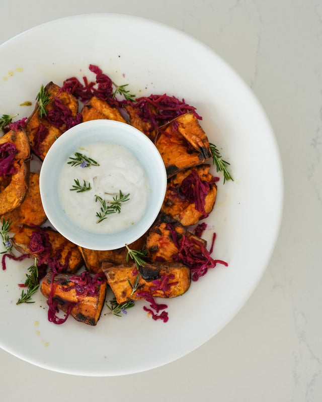 Kumara with Pickle Kraut and Lemon Yoghurt